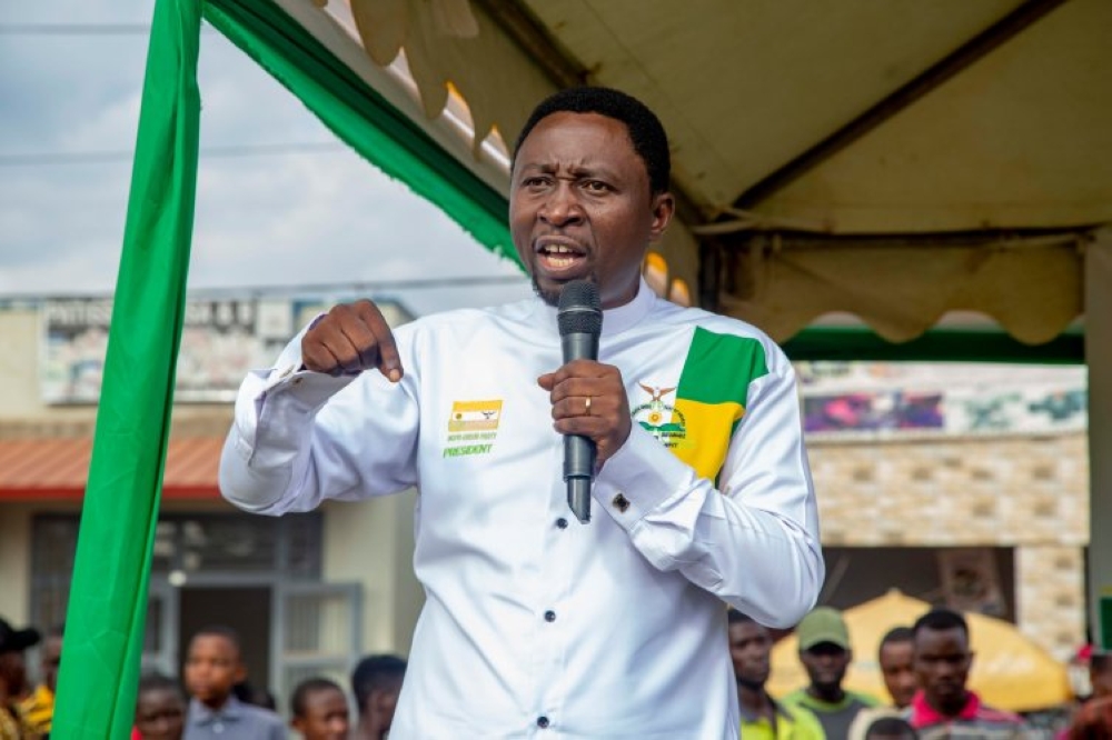Frank Habineza, Democratic Green Party of Rwanda chairman and a presidential candidate, addresses residents of Kamonyi during the campaign in Kamonyi District on Sunday, June 23. Courtesy