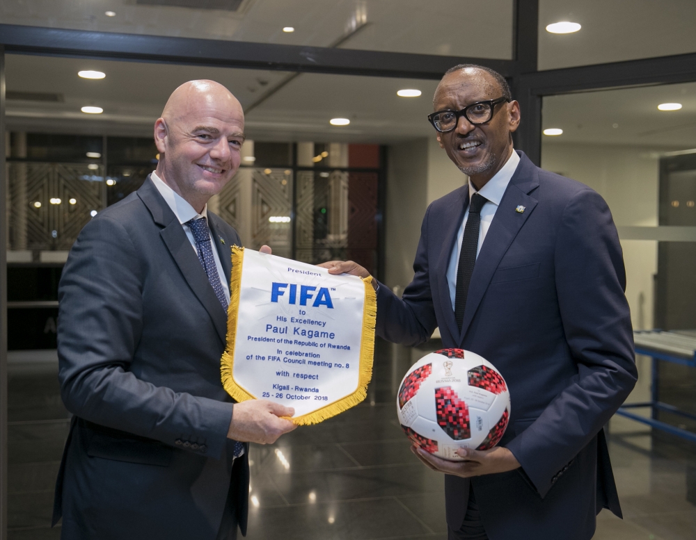 FIFA president Gianni Infantino has congratulated President Paul Kagame for his consistent support of football development in Rwanda. Photo by Village Urugwiro