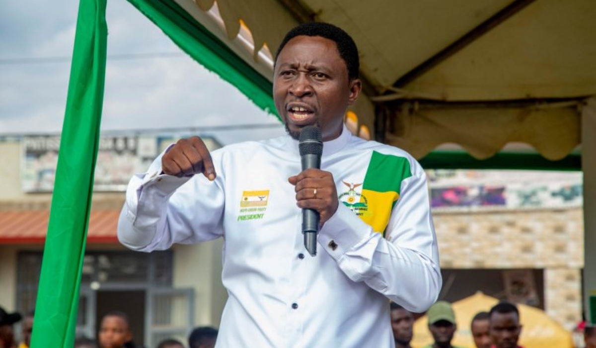 Frank Habineza, Democratic Green Party of Rwanda chairman and a presidential candidate, addresses residents of Kamonyi during the campaign in Kamonyi District on Sunday, June 23. Courtesy