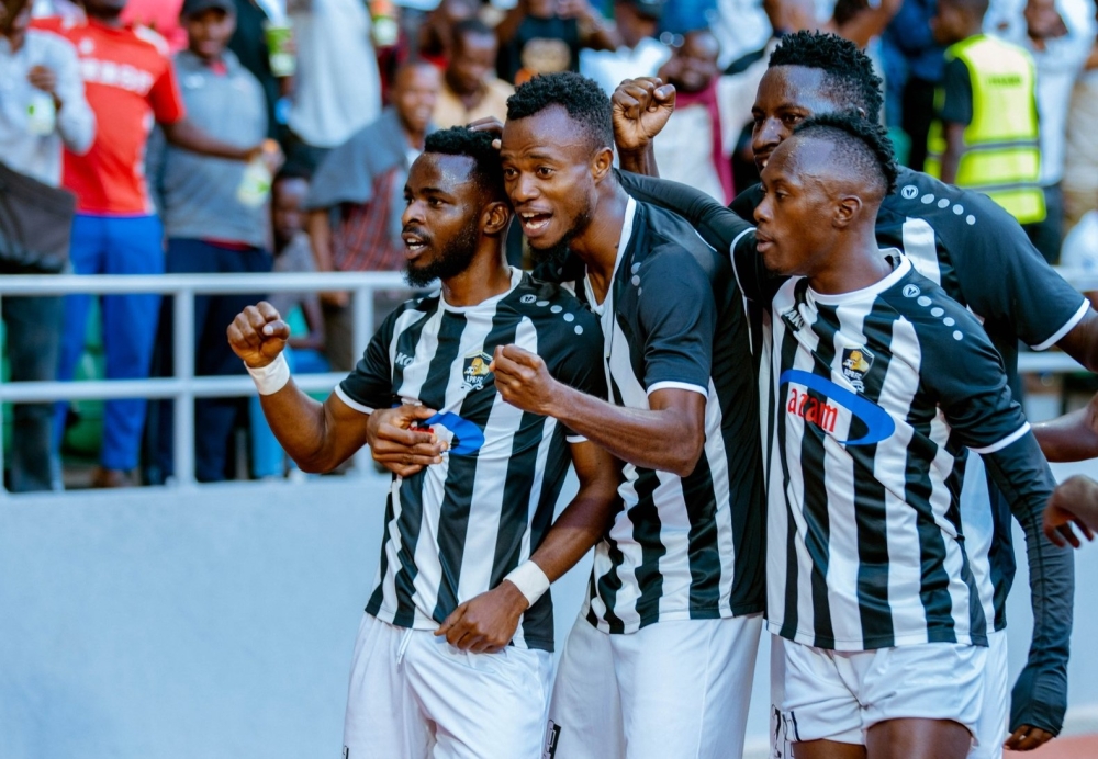 APR FC players celebrate a victory during a friendly match against Police FC on July 1.  APR FC have been handed a delicate draw at 2024 CECAFA Kagame Cup slated for July 9-21 in Tanzania and Zanzibar.