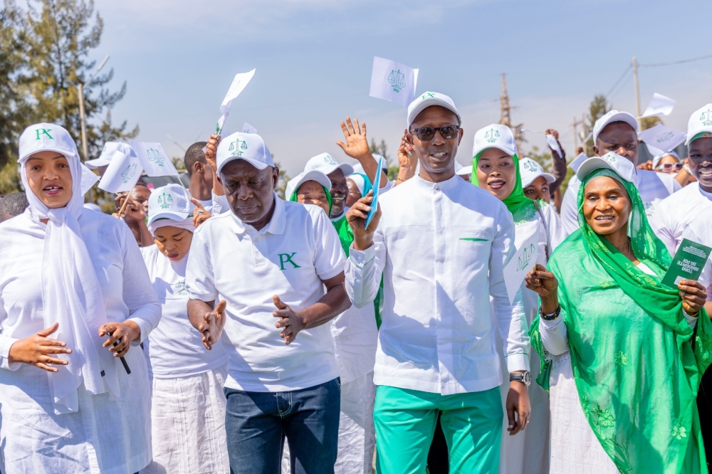 President of the Ideal Democratic Party (PDI), Mussa Fazil Harerimana and members during the campaign on Wednesday July 3. Courtesy