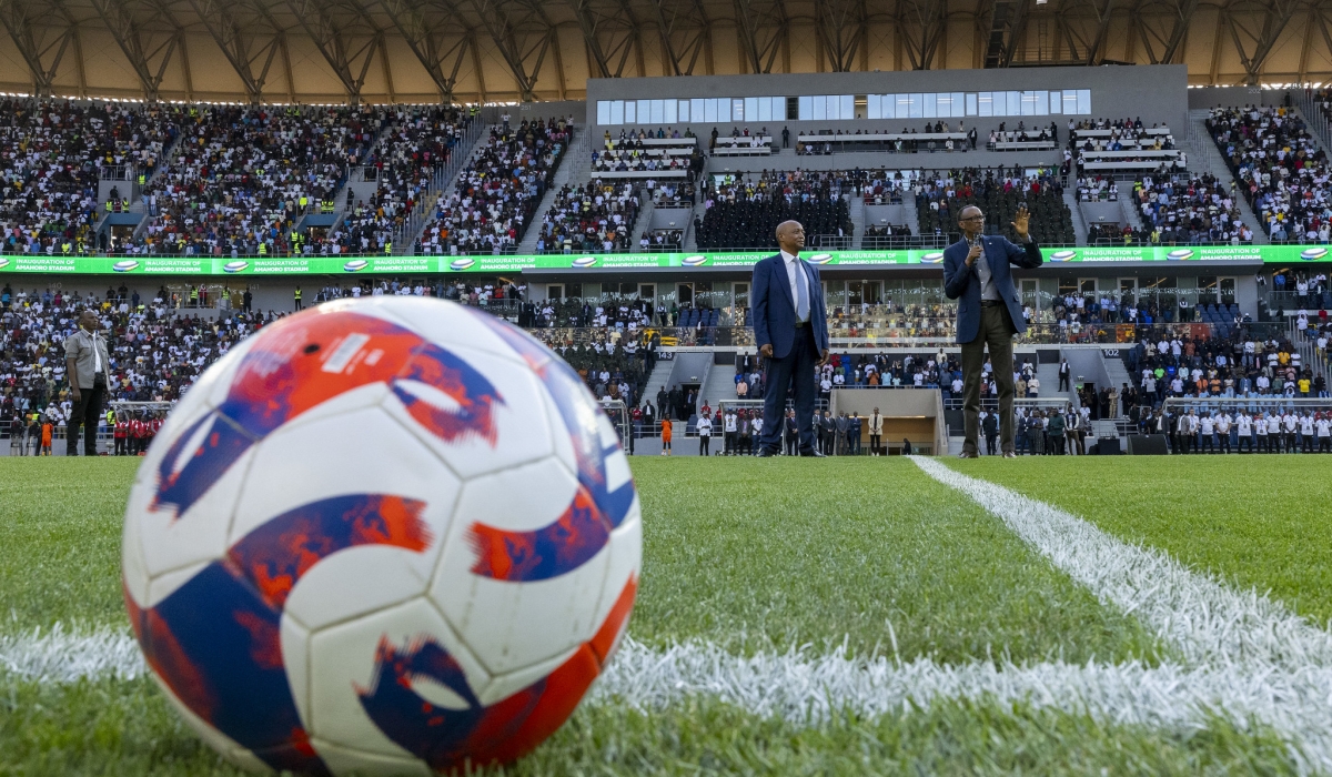 President Kagame and CAF President, Patrice Motsepe address thousands of football fans at the inauguration of the newly revamped Amahoro stadium on Monday, July 1. Olivier Mugwiza