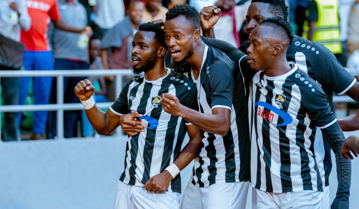APR FC players celebrate a victory during a friendly match against Police FC on July 1.  APR FC have been handed a delicate draw at 2024 CECAFA Kagame Cup slated for July 9-21 in Tanzania and Zanzibar.