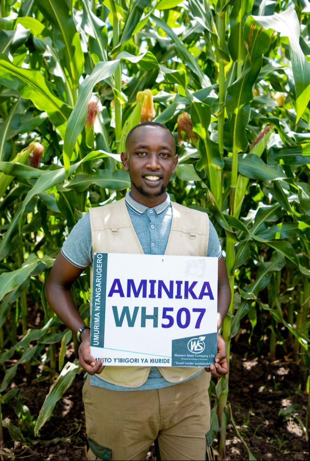 Western Seed Company staff member and agronomist, Jackson Kazoza, with the Aminika WH507 maize brand