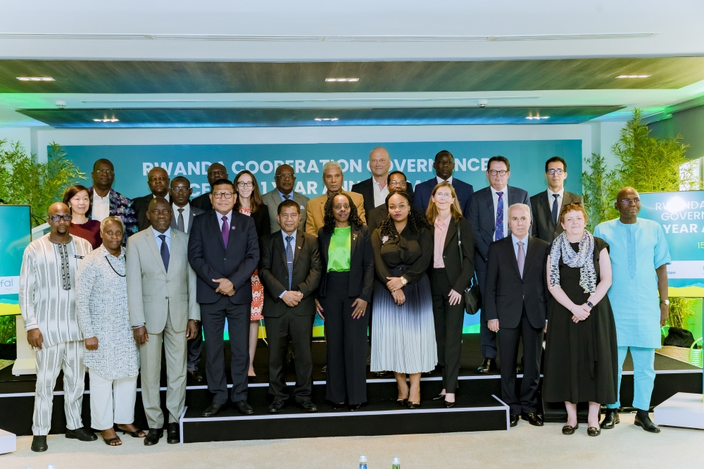 Delegates pose for a group photo at Rwanda Cooperation Governance centre’s one-year anniversary.