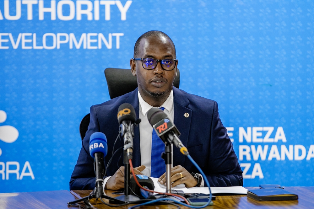 Rwanda Revenue Authority (RRA) Commissioner General Ronald Niwenshuti chairs a press conference to present preliminary results of tax revenue performance for 2023/2024 and launch the tax compliance improvement plan 2024/2025, on July 3, 2024 (courtesy photo).