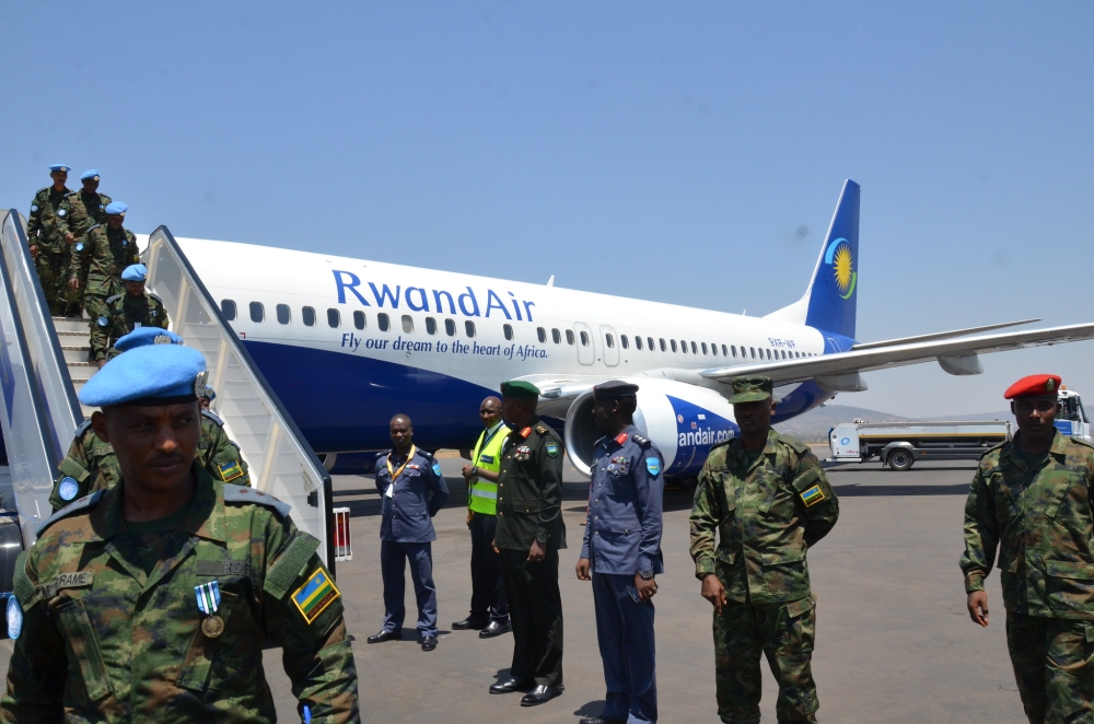 Rwanda’s peacekeepers arrive at Kigali International Airport after concluding the United Nations peacekeeping missions. File
