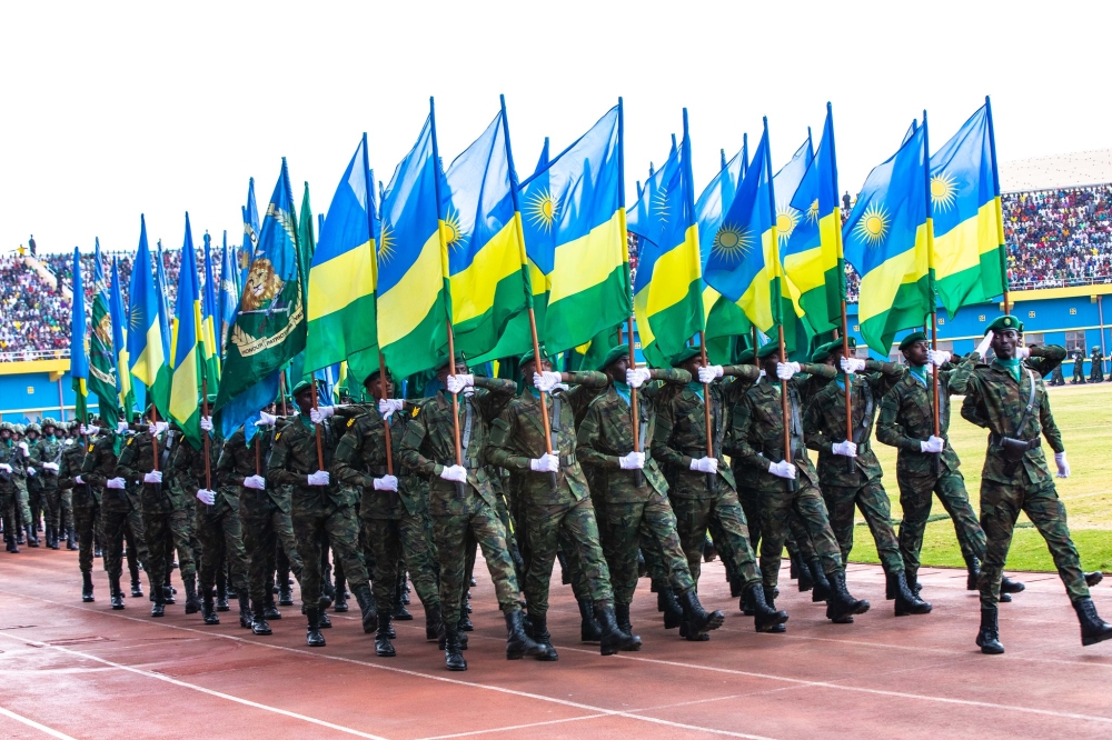 Rwanda Defence Force soldiers during a military parade.