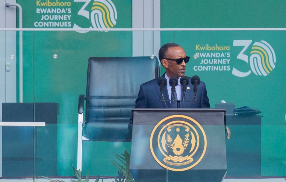 President Paul Kagame addresses thousands of Rwandans and friends of Rwanda during the celebration of 30 years of Liberation at Amahoro Stadium on Thursday, July 4. Photo by Dan Gatsinzi.