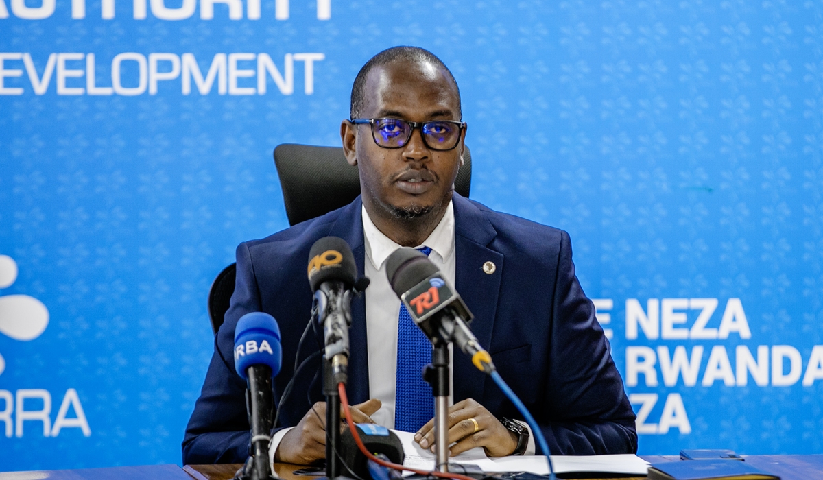 Rwanda Revenue Authority (RRA) Commissioner General Ronald Niwenshuti chairs a press conference to present preliminary results of tax revenue performance for 2023/2024 and launch the tax compliance improvement plan 2024/2025, on July 3, 2024 (courtesy photo).