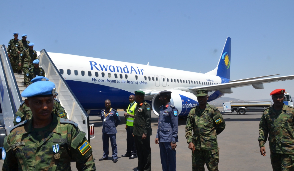 Rwanda’s peacekeepers arrive at Kigali International Airport after concluding the United Nations peacekeeping missions. File