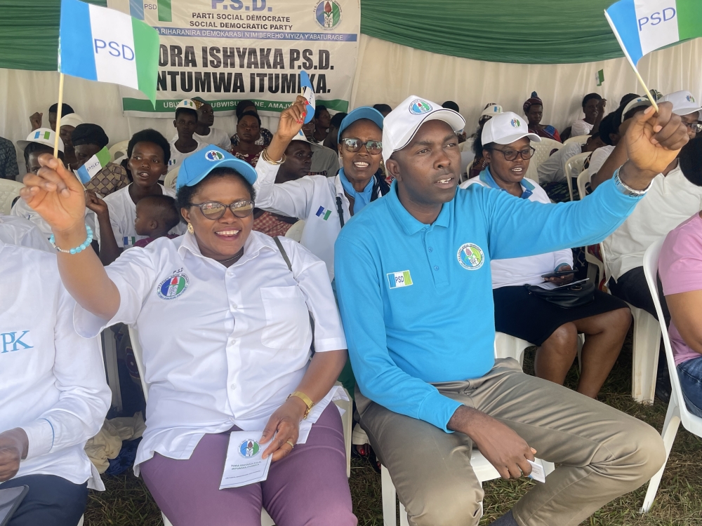 PSD first vice president Valens Muhakwa (in blue long-sleeve T-shirt), and other participants at the party&#039;s campaign rally in Gasabo District, Kigali, on July 5, 2024 (Emmanuel Ntirenganya)