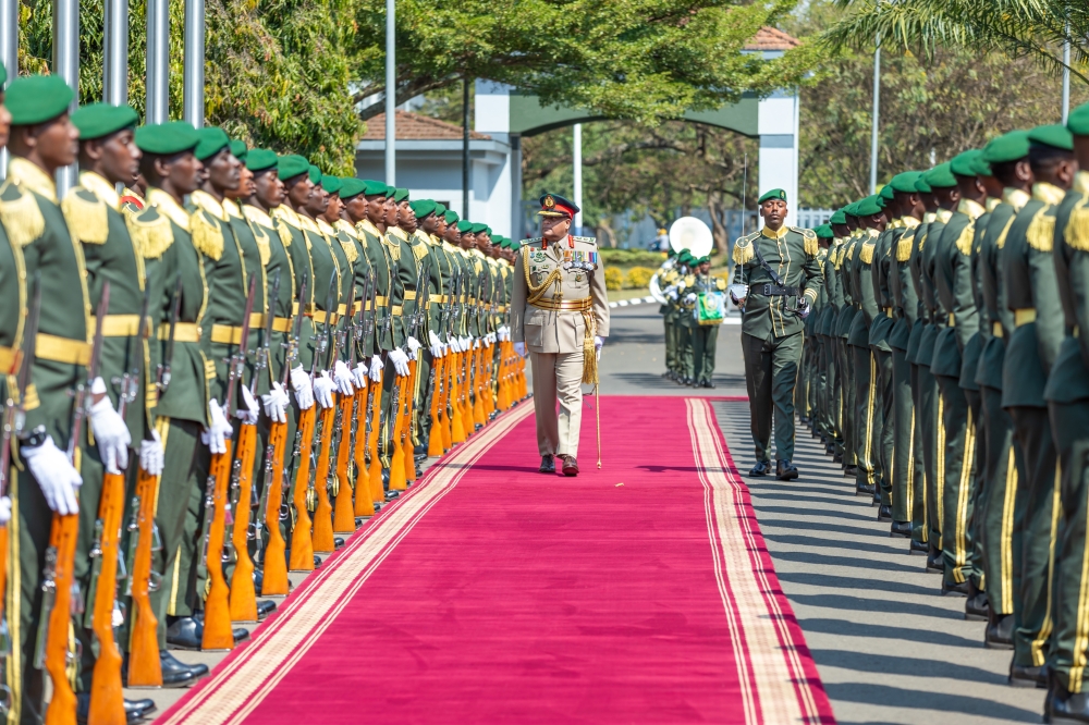 The Chief of Defence Staff of the Sri Lanka Armed Forces, Gen Shavendra Silva inspects a guard of honour on his arrival at RDF Headquarters in Kigali on Friday, July 5. Courtesy