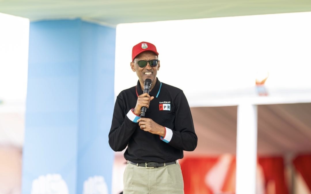 Paul Kagame, the RPF Chairman and flagbearer in the presidential elections, addresses more than 260,000 RPF supporters from Bugesera and Nyanza districts gathered at Kindama site, Bugesera District, on Saturday, July 6.