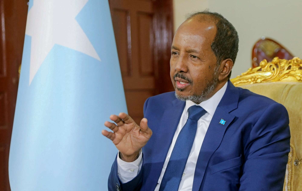 President Hassan Sheikh Mohamud during interview. His government sent in $7,853,071 last month, just before the EAC budget was presented before the regional legislative assembly, EALA.