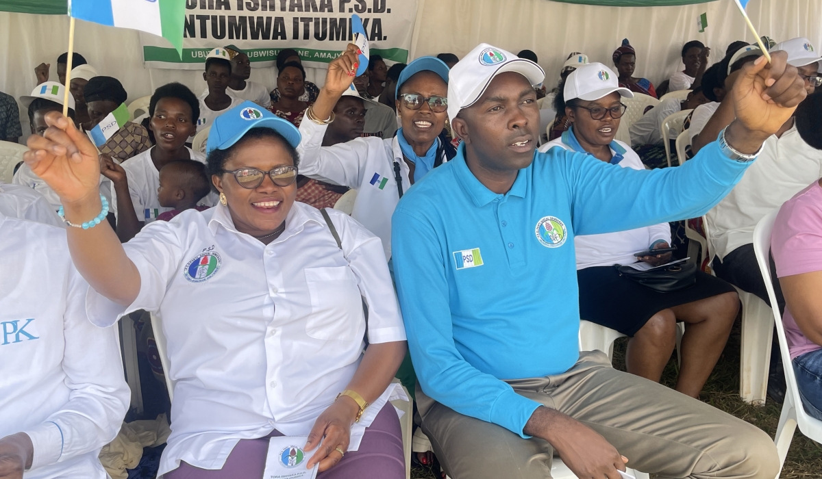 PSD first vice president Valens Muhakwa (in blue long-sleeve T-shirt), and other participants at the party&#039;s campaign rally in Gasabo District, Kigali, on July 5, 2024 (Emmanuel Ntirenganya)