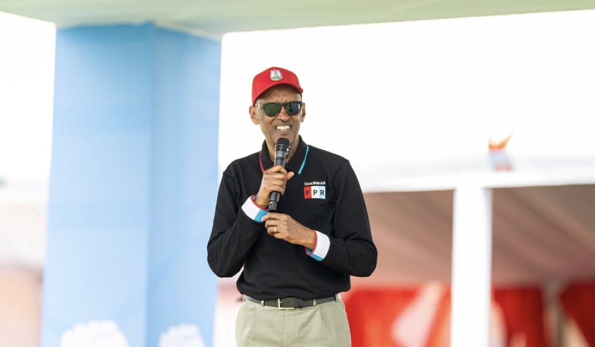 Paul Kagame, the RPF Chairman and flagbearer in the presidential elections, addresses more than 260,000 RPF supporters from Bugesera and Nyanza districts gathered at Kindama site, Bugesera District, on Saturday, July 6.