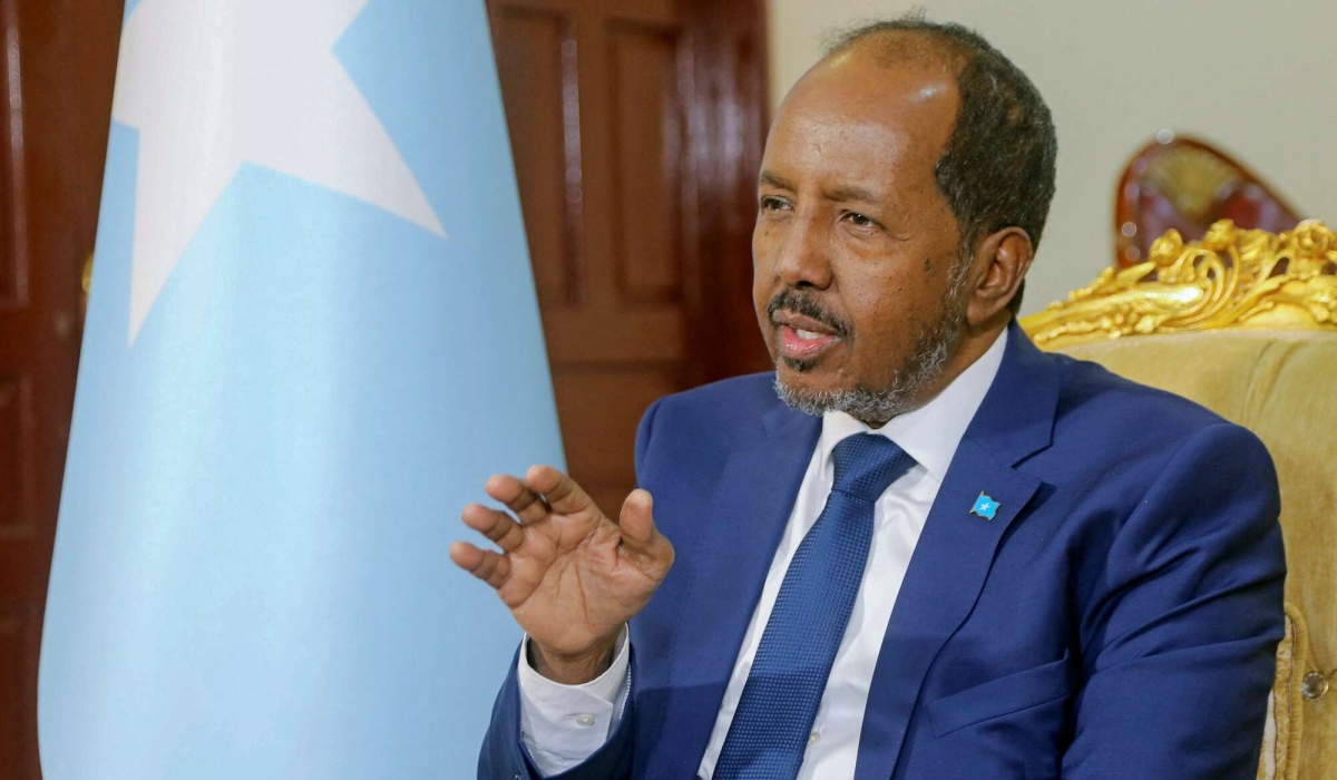 President Hassan Sheikh Mohamud during interview. His government sent in $7,853,071 last month, just before the EAC budget was presented before the regional legislative assembly, EALA.