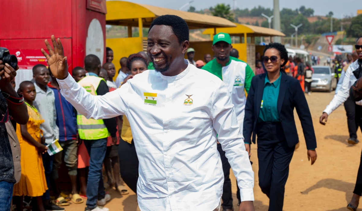 Democratic Green Party&#039;s flag bearer Frank Habineza during a campaign rally in Nyamagabe on Sunday, July 7. Courtesy