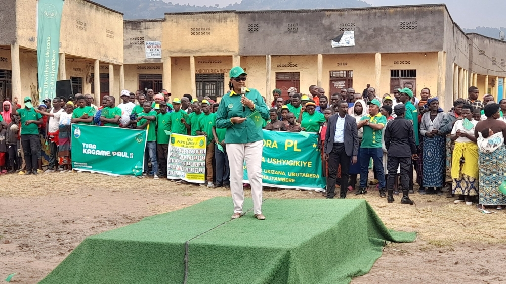 Donatille Mukabalisa, the PL president who is the former parliament speaker, addresses residents during during a party campaign in Musanze District  on July 8. Courtesy