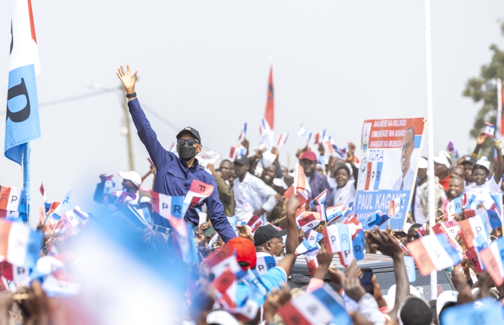 Incumbent President Paul Kagame, the RPF Chairman and flagbearer campaigning in Gicumbi District on Tuesday, July 9. Photo by Olivier Mugwiza