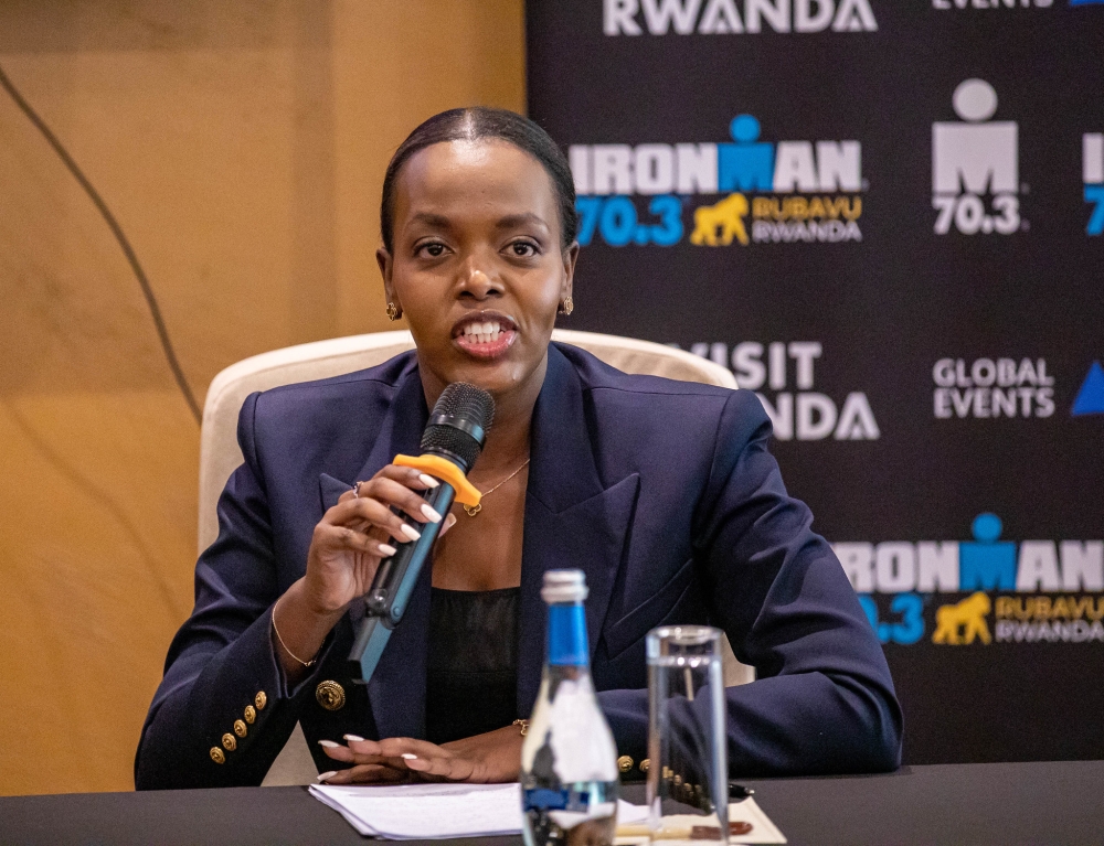 Global Events Africa CEO Bonita Mutoni,  speaks about  the third edition of Ironman 70.3  Triathlon competition scheduled for August 4 in Rubavu District, Western Province. Photo by Dan Gatsinzi 