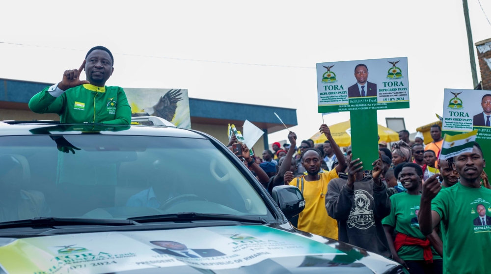 Democratic Green Party of Rwanda&#039;s flag bearer Frank Habineza  during the party’s campaign rally in Byumba Sector, Gicumbi District on July 10