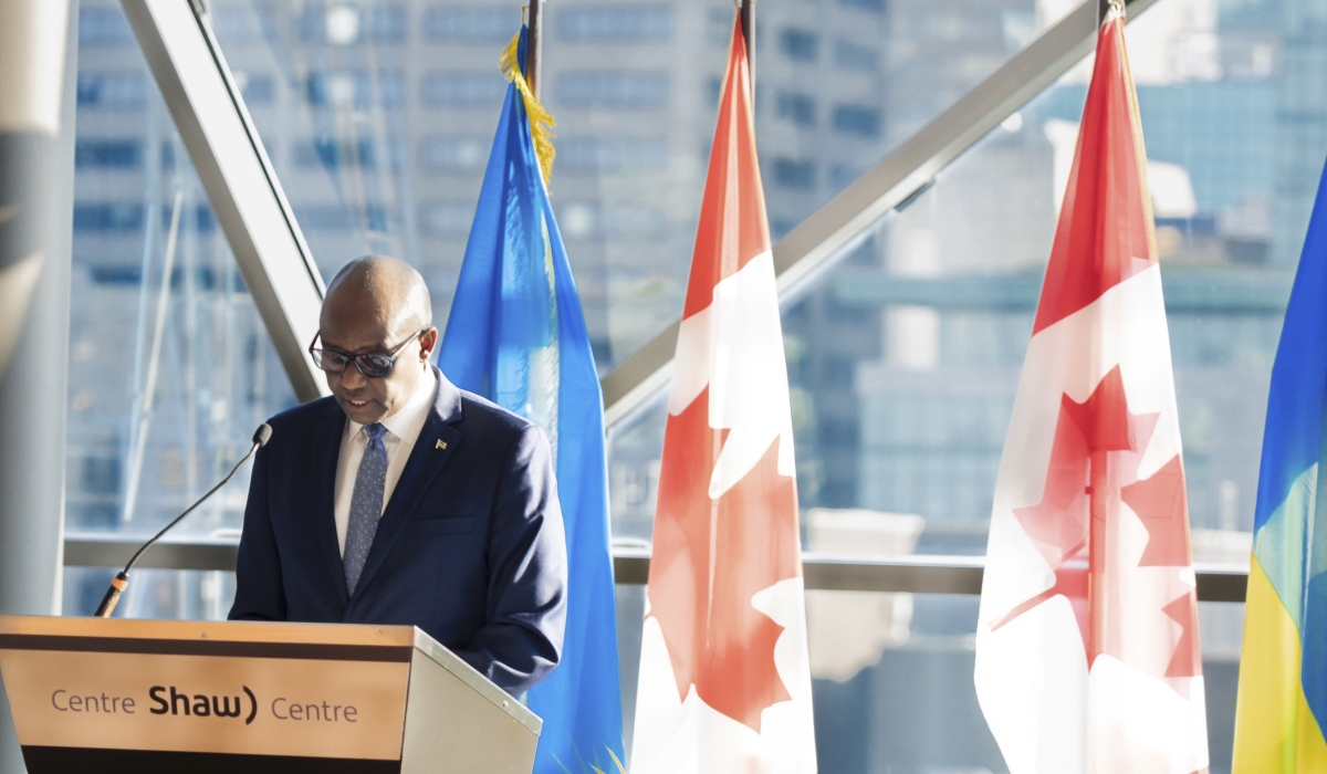 Rwanda’s ambassador to Canada Prosper Higiro delivers remarks during Liberation Day ceremony.