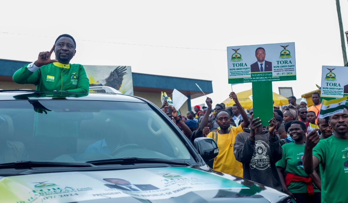 Democratic Green Party of Rwanda&#039;s flag bearer Frank Habineza  during the party’s campaign rally in Byumba Sector, Gicumbi District on July 10