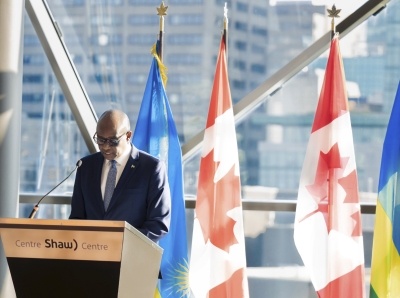Rwanda’s ambassador to Canada Prosper Higiro delivers remarks during Liberation Day ceremony.