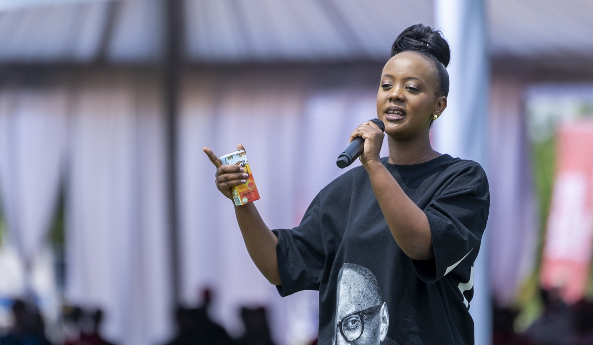 Rwandan musician Ingabire Jeanne Butera,   Knowless,  shares her story during a presidential campaign rally in Bugesera. Courtesy