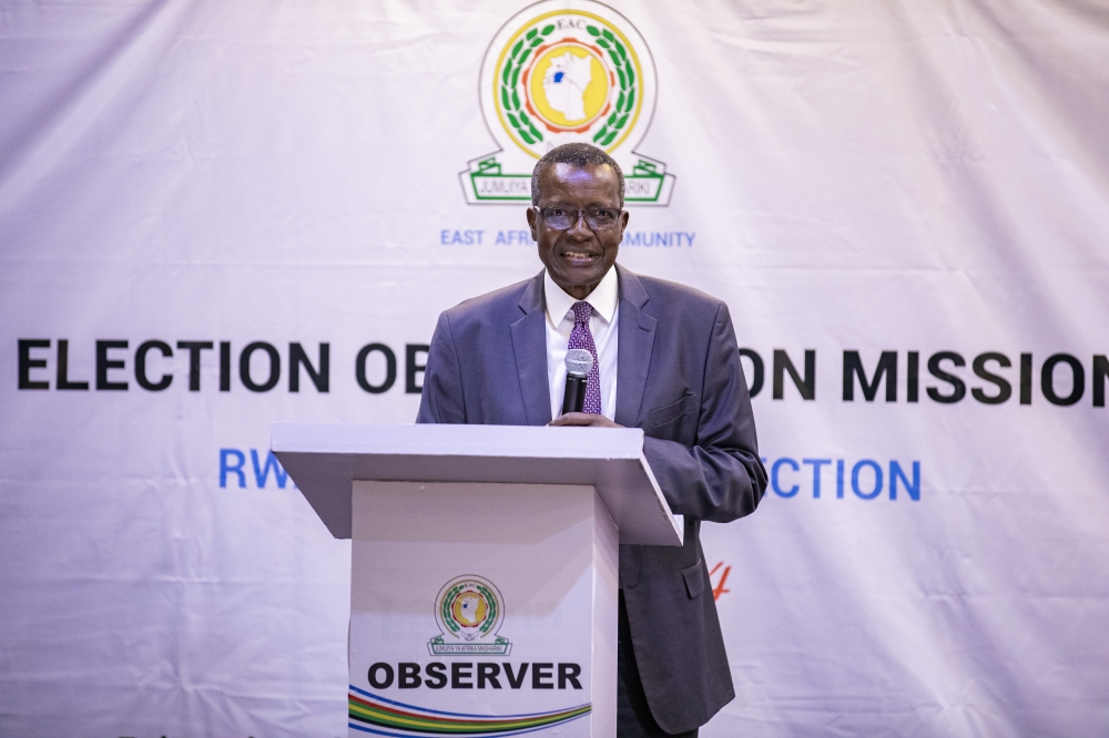 Newly appointed head of the  East African Community Election Observation Mission to the Rwanda general election 2024, Emeritus David Kenani Maraga delivers his remarks during the event in Kigali.