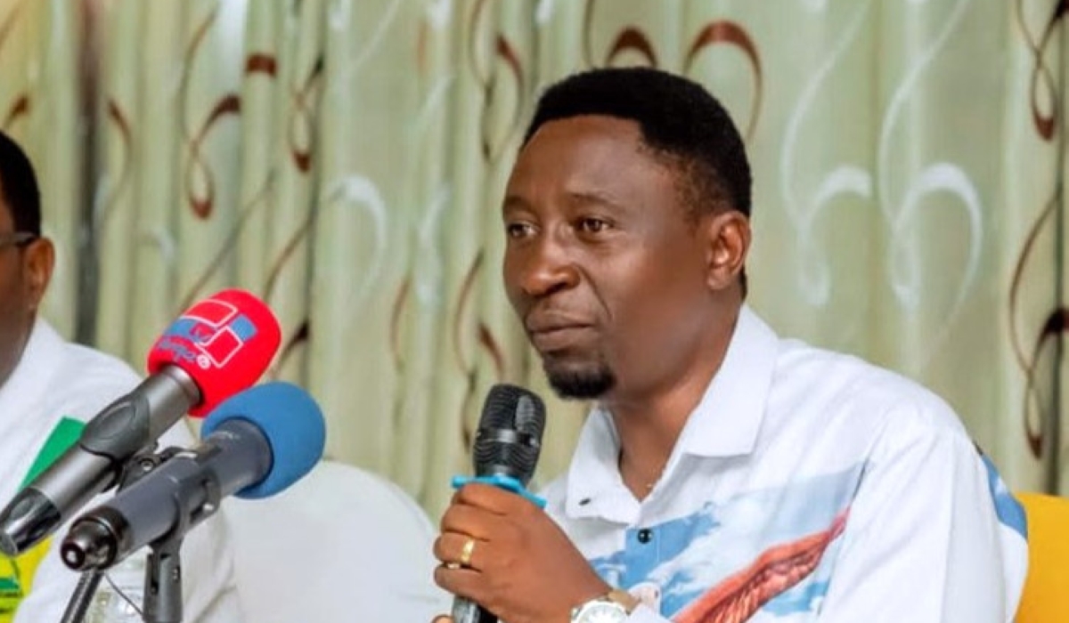 Presidential candidate for the Green Party, Frank Habineza addresses the media during a press conference in Kigali.