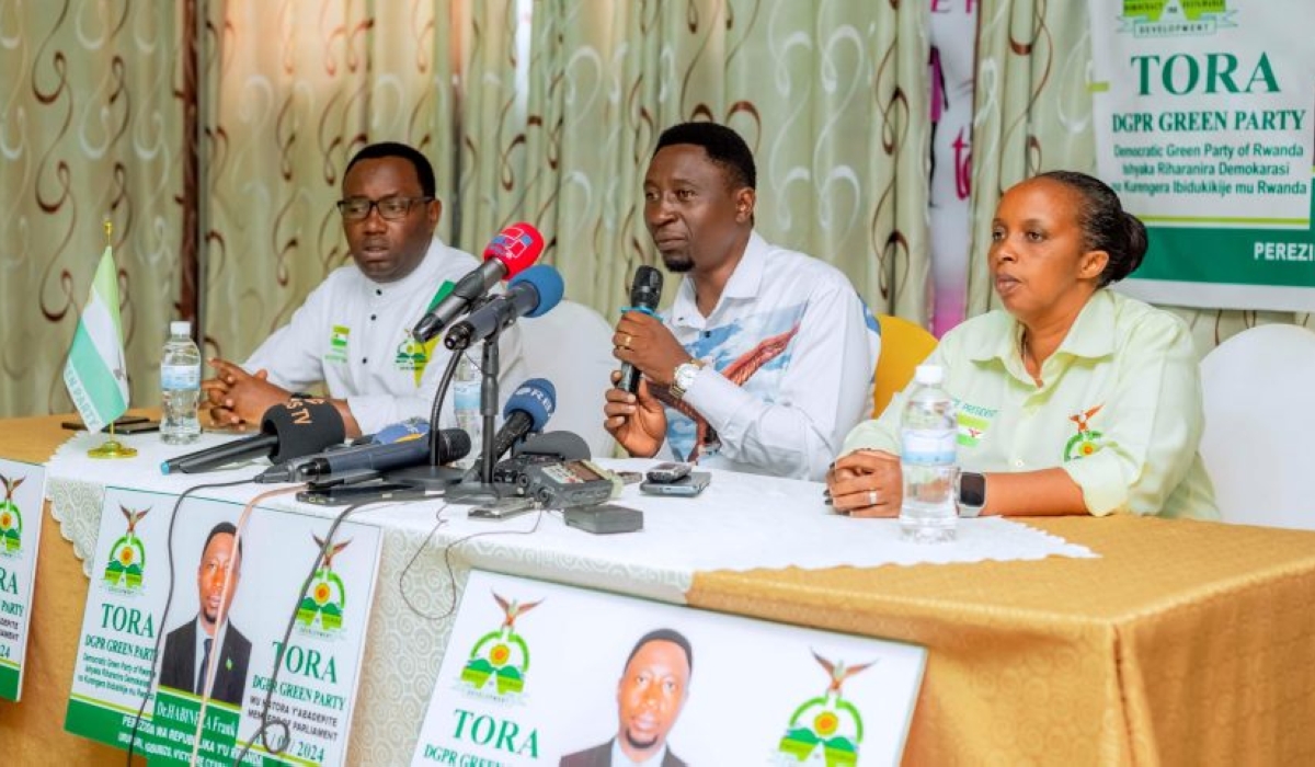 Presidential candidate of the Green Party, Frank Habineza(C), and his party members address the media during a press conference held in Kigali on July 11. Photo Courtesy