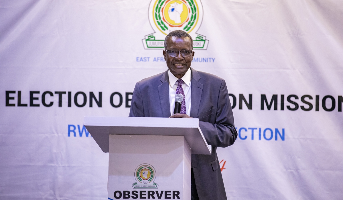 Newly appointed head of the  East African Community Election Observation Mission to the Rwanda general election 2024, Emeritus David Kenani Maraga delivers his remarks during the event in Kigali.