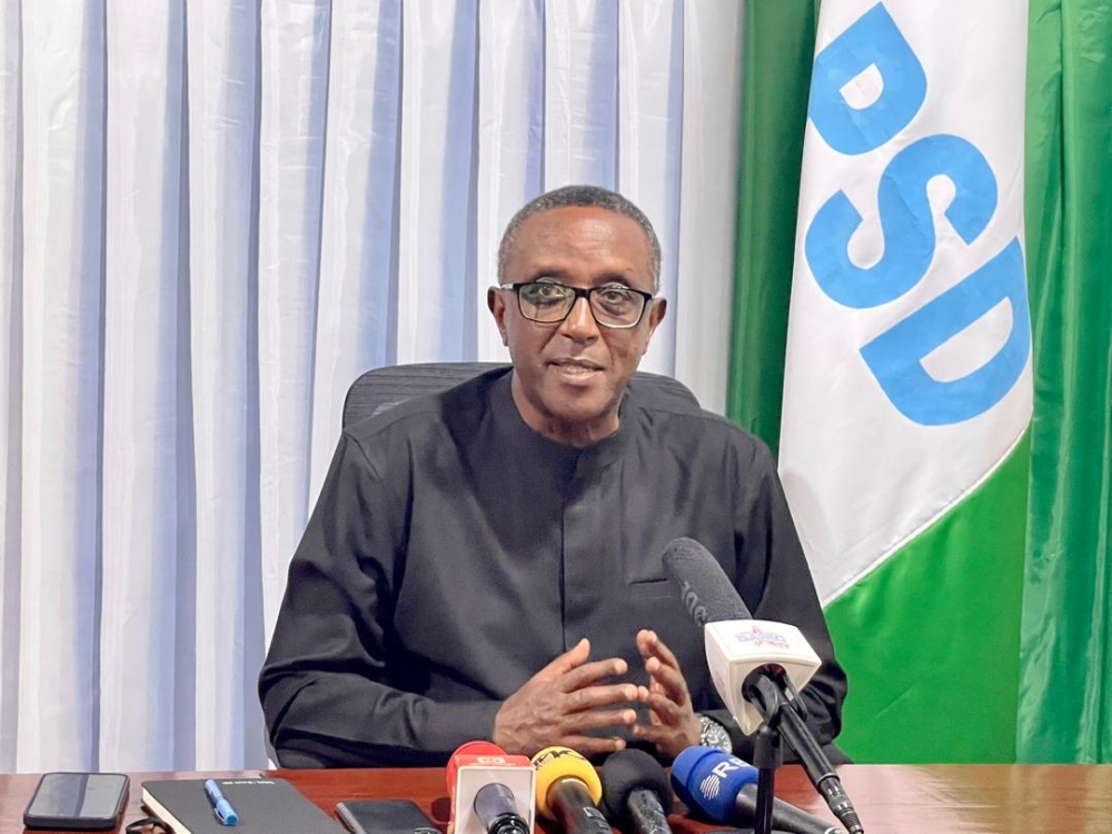 The president of Social Democratic Party Vincent Biruta,  briefs journalists about the party’s electoral campaign, on Friday, July 12. Courtesy