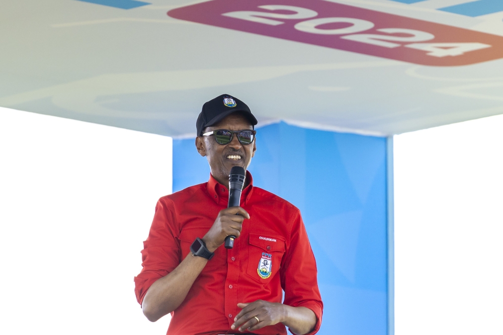 Paul Kagame addressing a rally at his penultimate campaign stop in Gasabo on Friday, July 12. All photos by Olivier Mugwiza