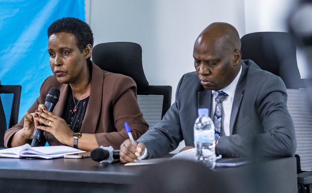 National Electoral Commission Chairperson Oda Gasinzigwa addresses journalists as the Executive Secretary takes note, in Kigali on May 16. Emmanuel Dushimimana