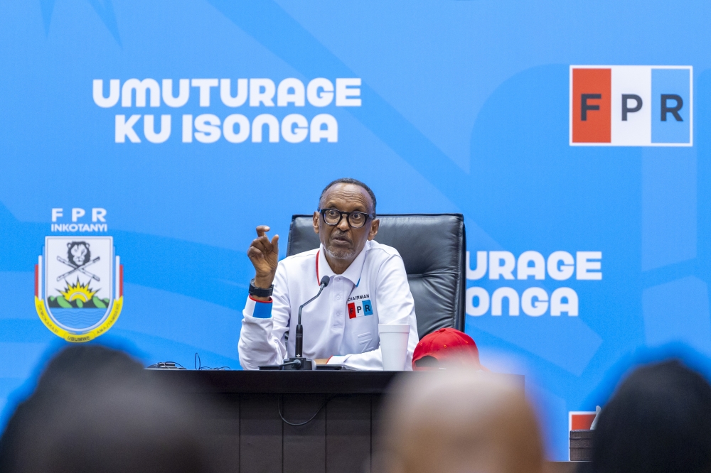 Paul Kagame, the RPF-Inkotanyi Chairman and flagbearer in presidential elections addresses a press conference at the closing of the three-week-long campaign trail on Saturday July 13. Courtesy