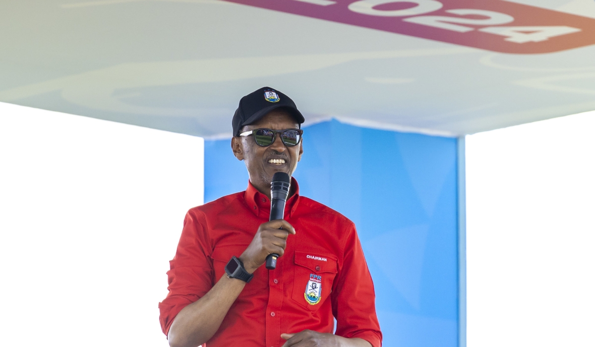 Paul Kagame addressing a rally at his penultimate campaign stop in Gasabo on Friday, July 12. All photos by Olivier Mugwiza