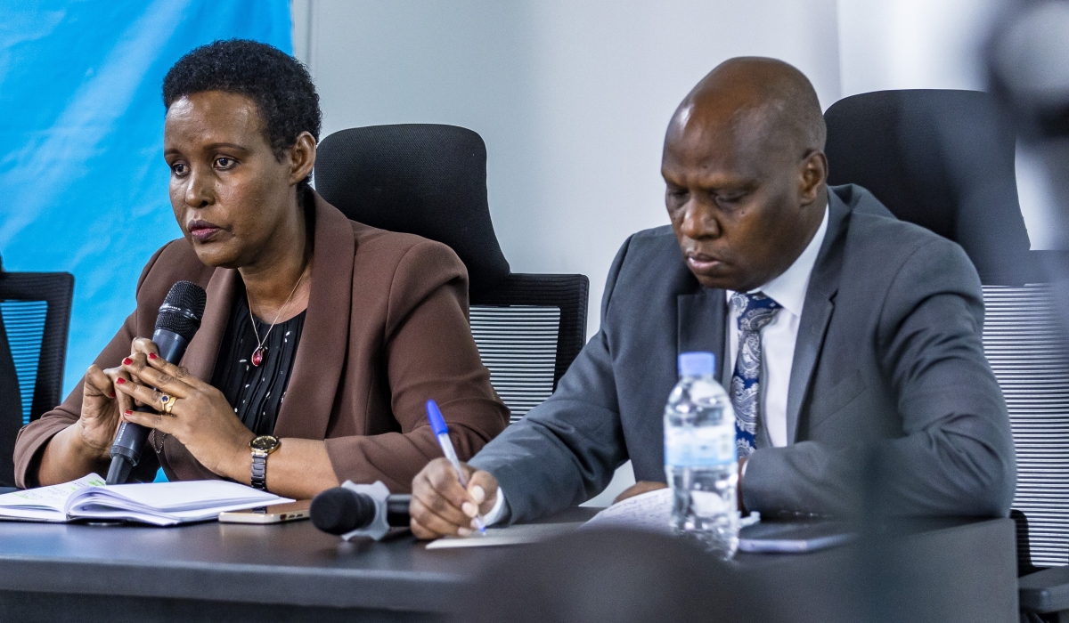 National Electoral Commission Chairperson Oda Gasinzigwa addresses journalists as the Executive Secretary takes note, in Kigali on May 16. Emmanuel Dushimimana