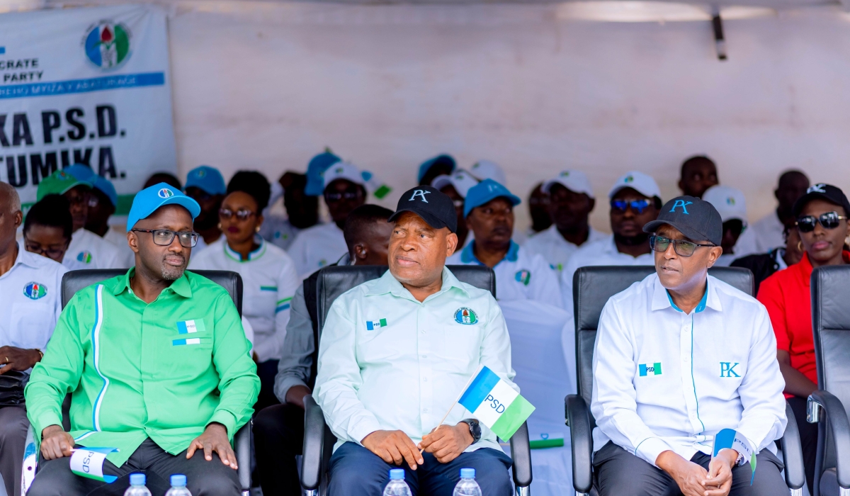 (L-R) Minister Olivier Nduhungirehe, Senate President François-Xavier Kalinda, and Minister Vincent Biruta during the conclusion of PSD campaigns on Saturday, July 13.