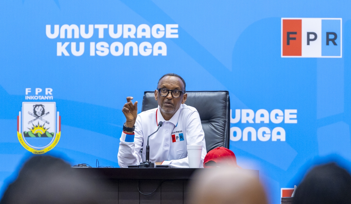 Paul Kagame, the RPF-Inkotanyi Chairman and flagbearer in presidential elections addresses a press conference at the closing of the three-week-long campaign trail on Saturday July 13. Courtesy