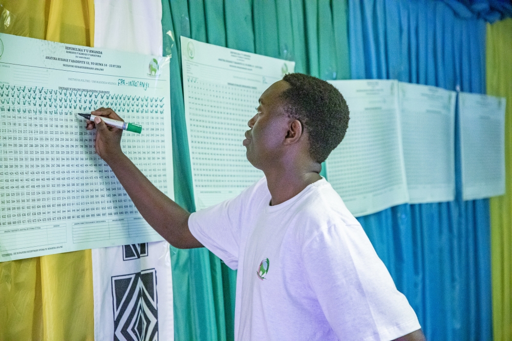 An election volunteer on duty during vote counting at Remera Catholique polling station in Gasabo on July 15. Photo by Emmanuel Dushimimana