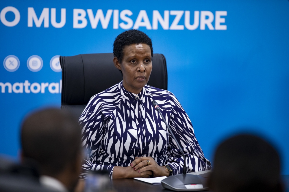 The National Electoral Commission Chairperson Oda Gasinzigwa addresses journalists while announcing partial results of the elections on Monday on July 15. Photo by Emmanuel Dushimimana