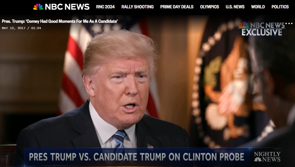 Screengrab from then-US President Donald Trump interview with NBC News in May 2017, retrieved from nbcnews.com on July 17, 2024.