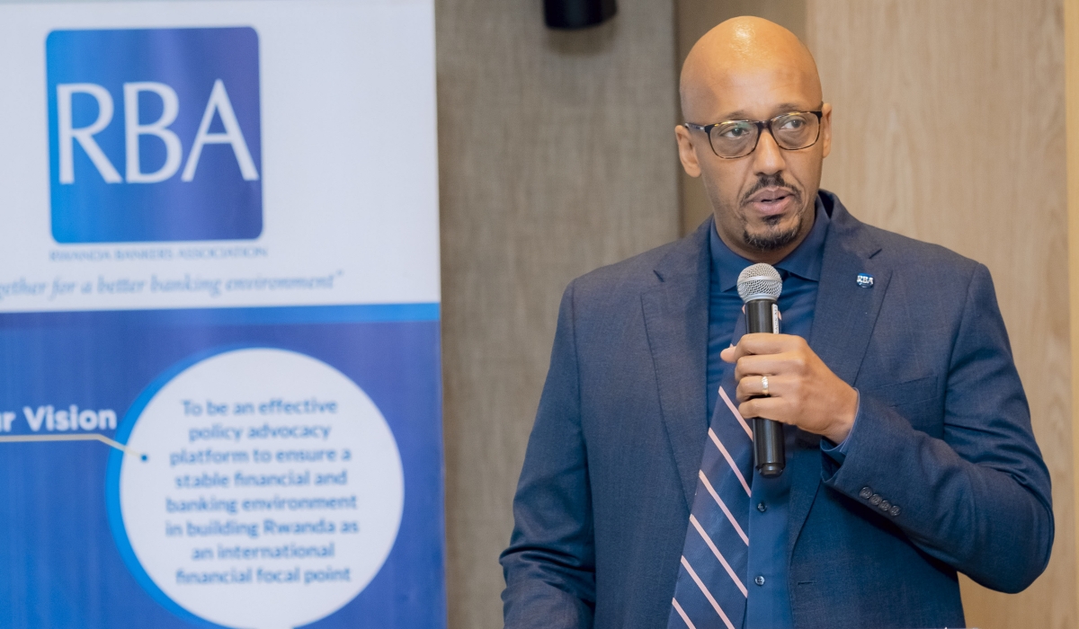 Tony Francis Ntore, Chief Executive Officer of  Rwanda Bankers’ Association delivers his remarks during the launch of the inaugural report in Kigali on July 11