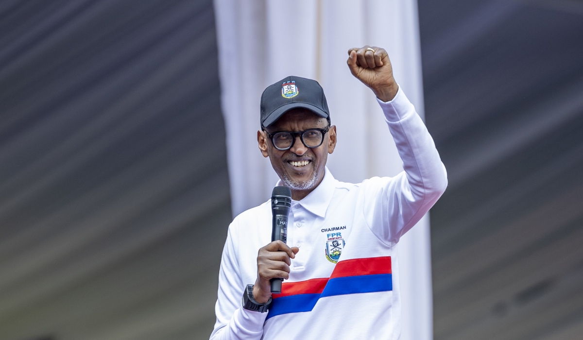 RPF Inkotanyi flag bearer Paul Kagame during his campaign in Ngororero District on June 24, 2024. Photos by Olivier Mugwiza