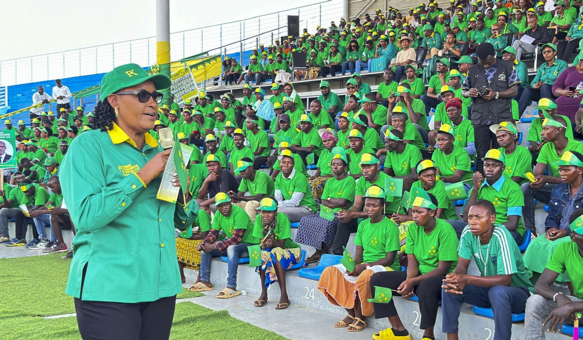 Liberal Party president Donatille Mukabarisa addresses the party members during the campaign in Bugesera. Courtesy