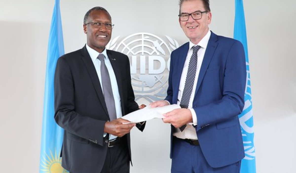 Rwannda&#039;s ambassador to Switzerland presents his lettters of credence to the Director General of UN Industrial Development Organisation Gerd Müller in Vienna, Austria on June 18, 2024.